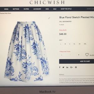 Blue floral sketch pleated midi skirt